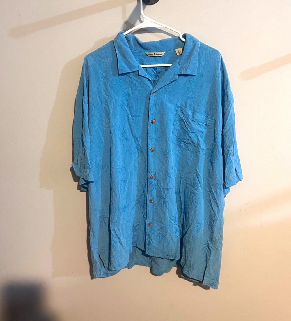 Tommy Bahama Blue Silk Short Sleeve Button-Up Spread Collar Pockets 2XL